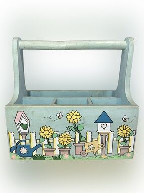Vintage Wooden Caddy Carry All Garden Tools Utensil Holder Painted Bird Houses